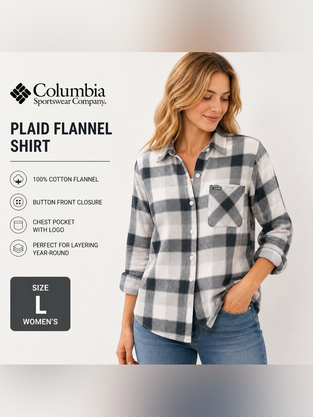 Columbia Black & White Plaid Cotton Flannel Shirt size L fits more like Medium